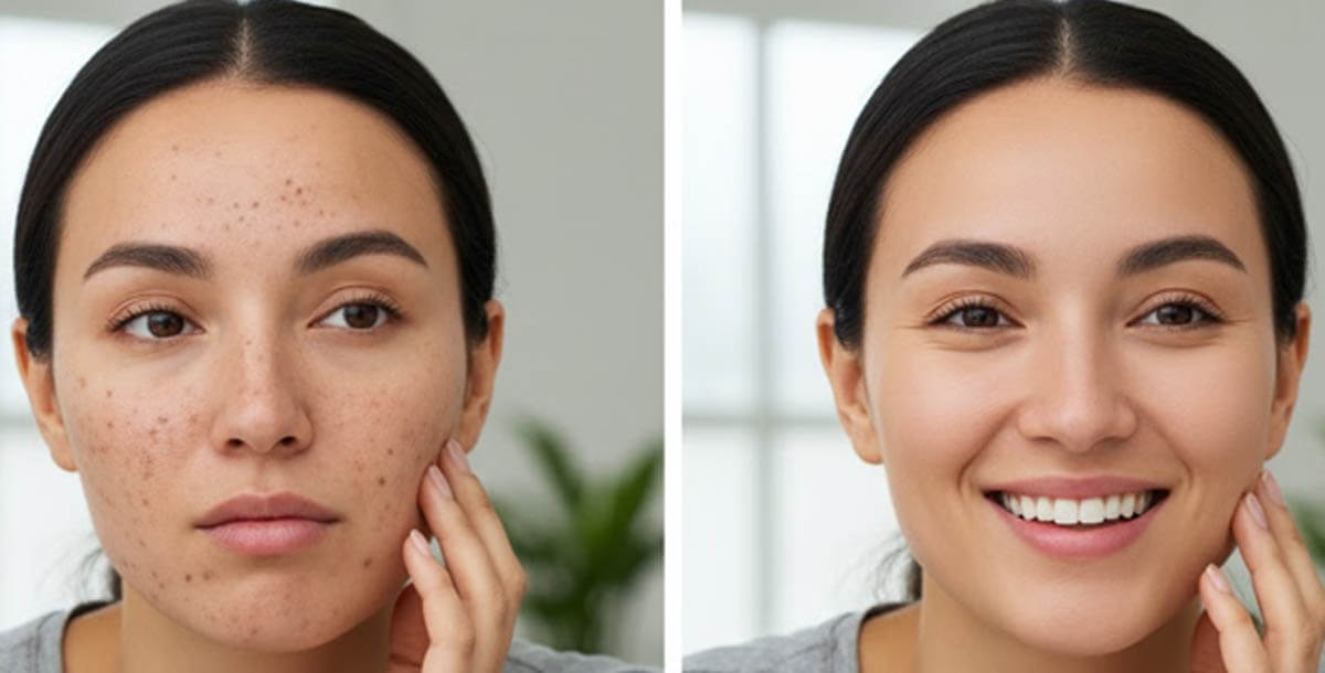 Woman examining her face in mirror