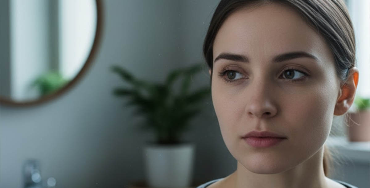 Woman with dull skin looking in mirror